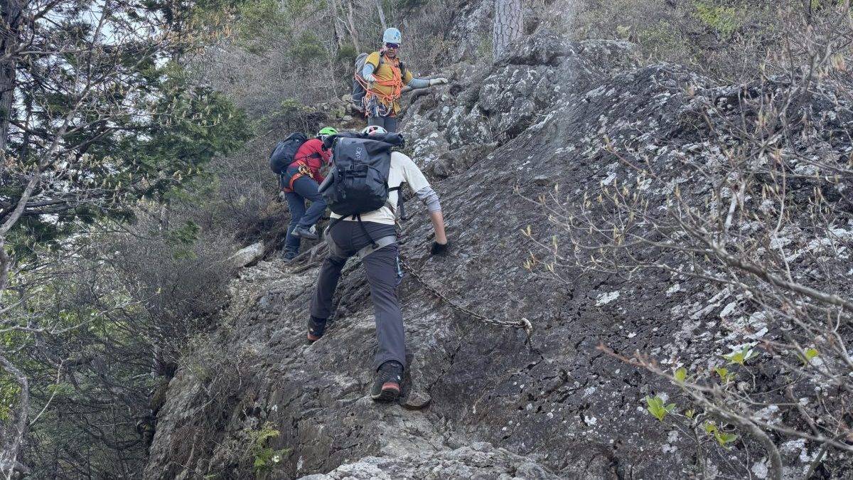Group of climbers hiking up a rocky slope with helmets and backpacks among trees.