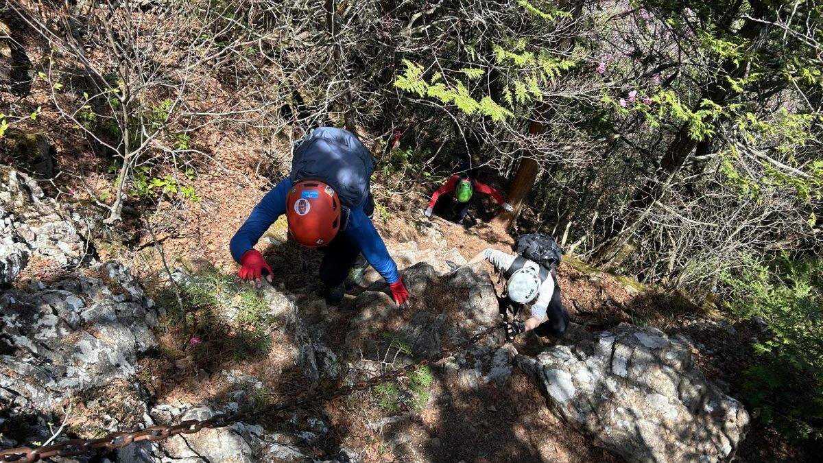 Mountaineers wearing helmets climbing a rocky, chain-assisted trail through a forested area.