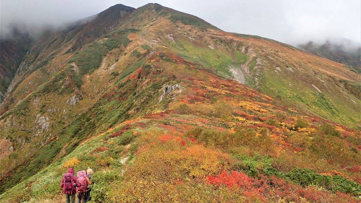 Hikers with bright backpacks walking a rocky trail along autumn-colored mountain slopes, with misty peaks in the background.
