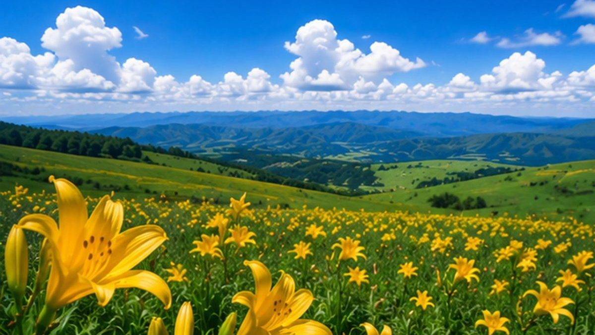 Field of yellow lilies on rolling green hills under a blue sky with fluffy white clouds, distant mountains in the background.
