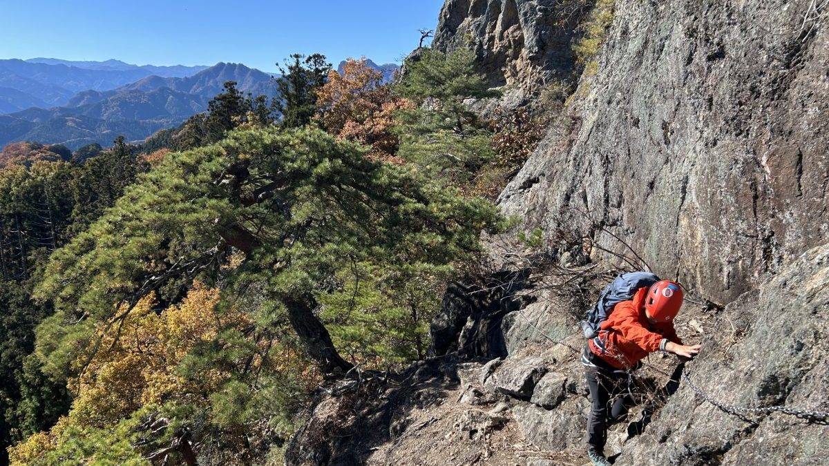 Climber in an orange jacket and helmet scales a rocky cliff beside a forest with distant blue mountain ridges in the background.