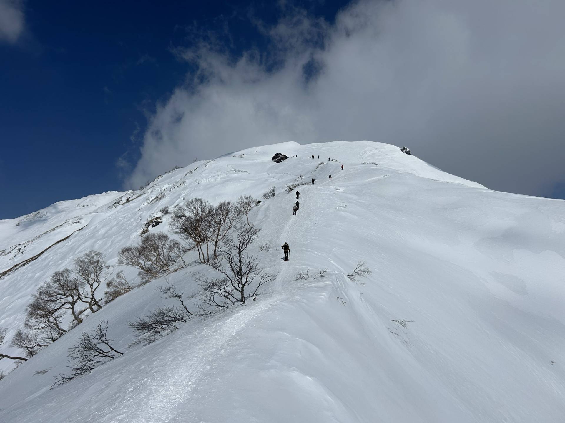 谷川岳天神尾根の雪の斜面を登る
