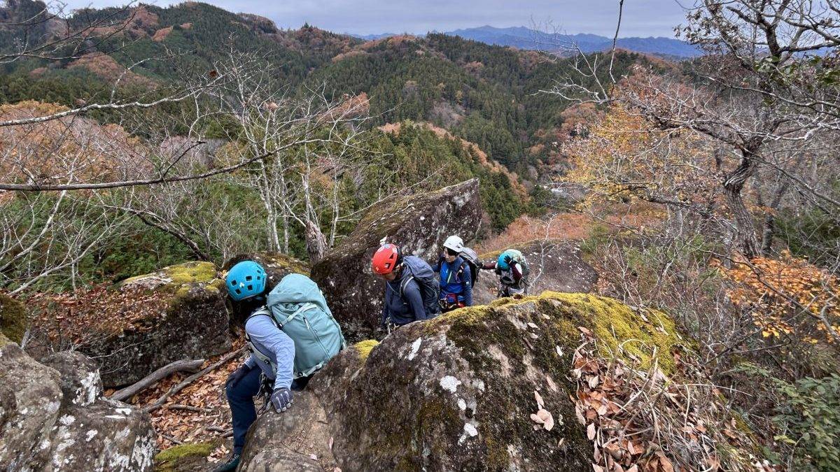 Group of climbers wearing helmets ascend a mossy rocky ledge in a forested mountain landscape.