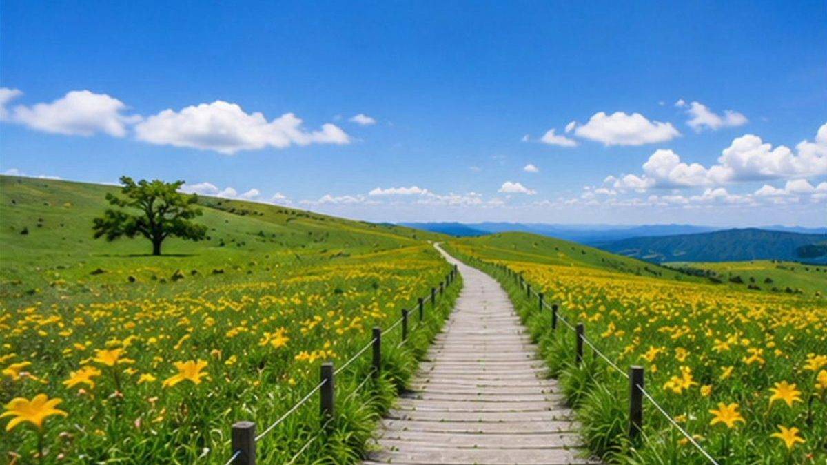 Wooden boardwalk winds through a field of yellow flowers toward distant green hills under a bright blue sky.