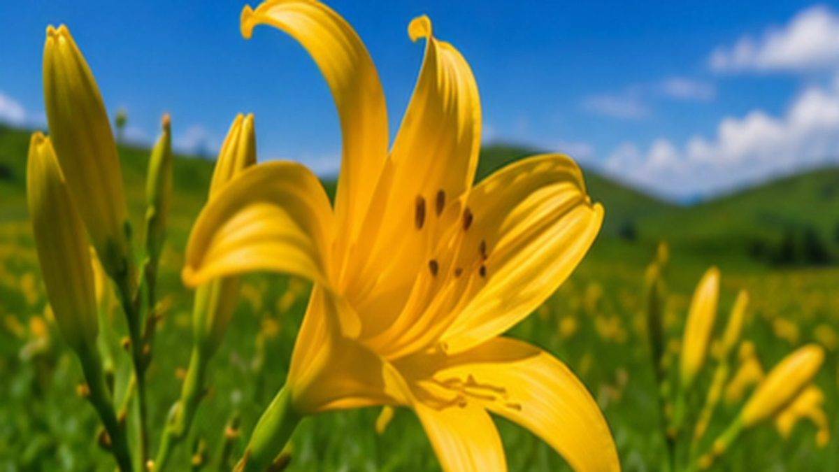 Close-up of a bright yellow daylily blooming in a sunny meadow under a blue sky.