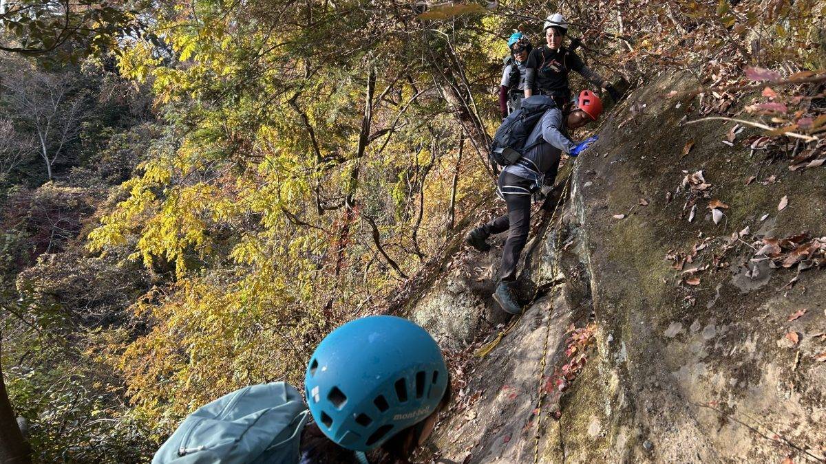 Group of climbers wearing helmets and harnesses ascending a rocky trail framed by autumn foliage in a forest.
