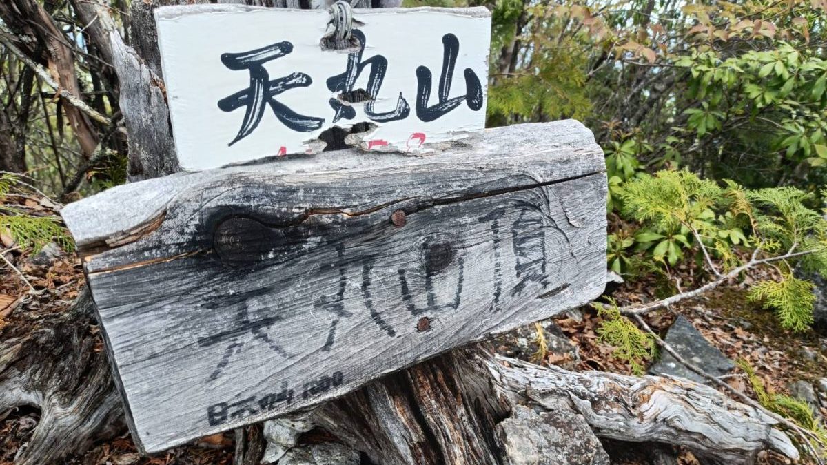 Weathered wooden trail sign with Chinese characters mounted on a rough log amid rocky, forested terrain.