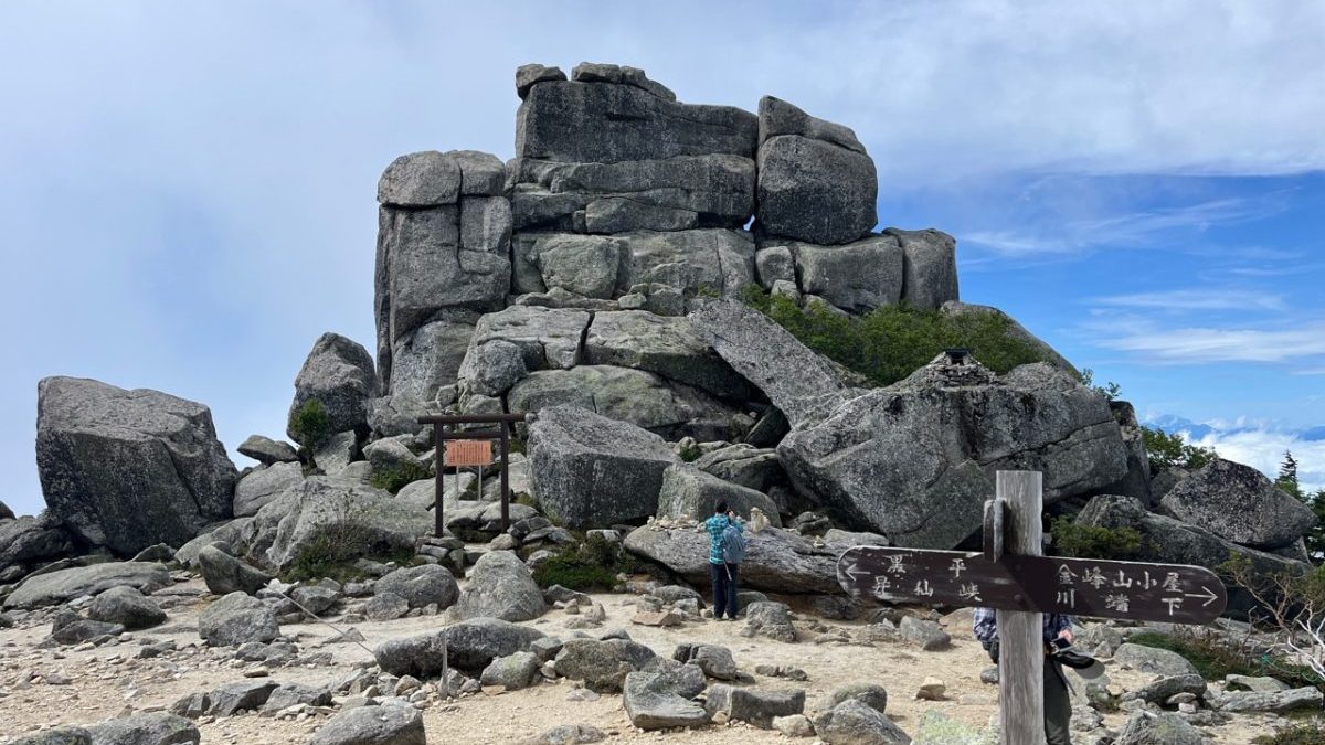 Hikers at a rocky mountain summit with large granite boulders and a wooden signpost under a blue sky with clouds