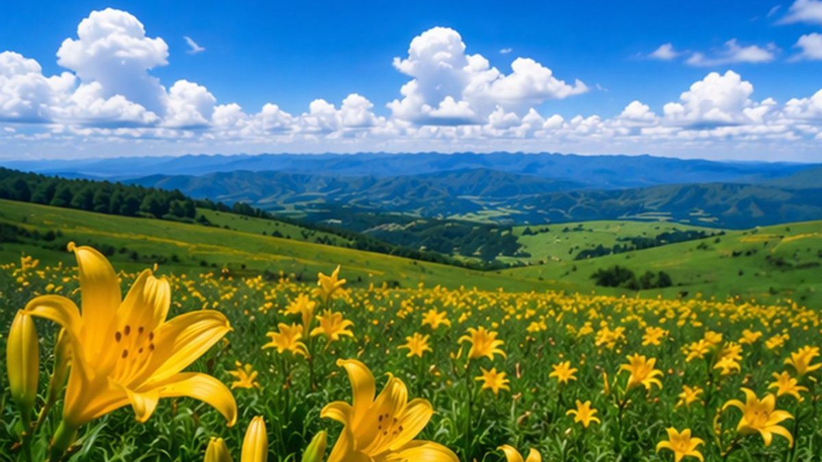 Field of yellow lilies on rolling green hills under a blue sky with fluffy white clouds, distant mountains in the background.