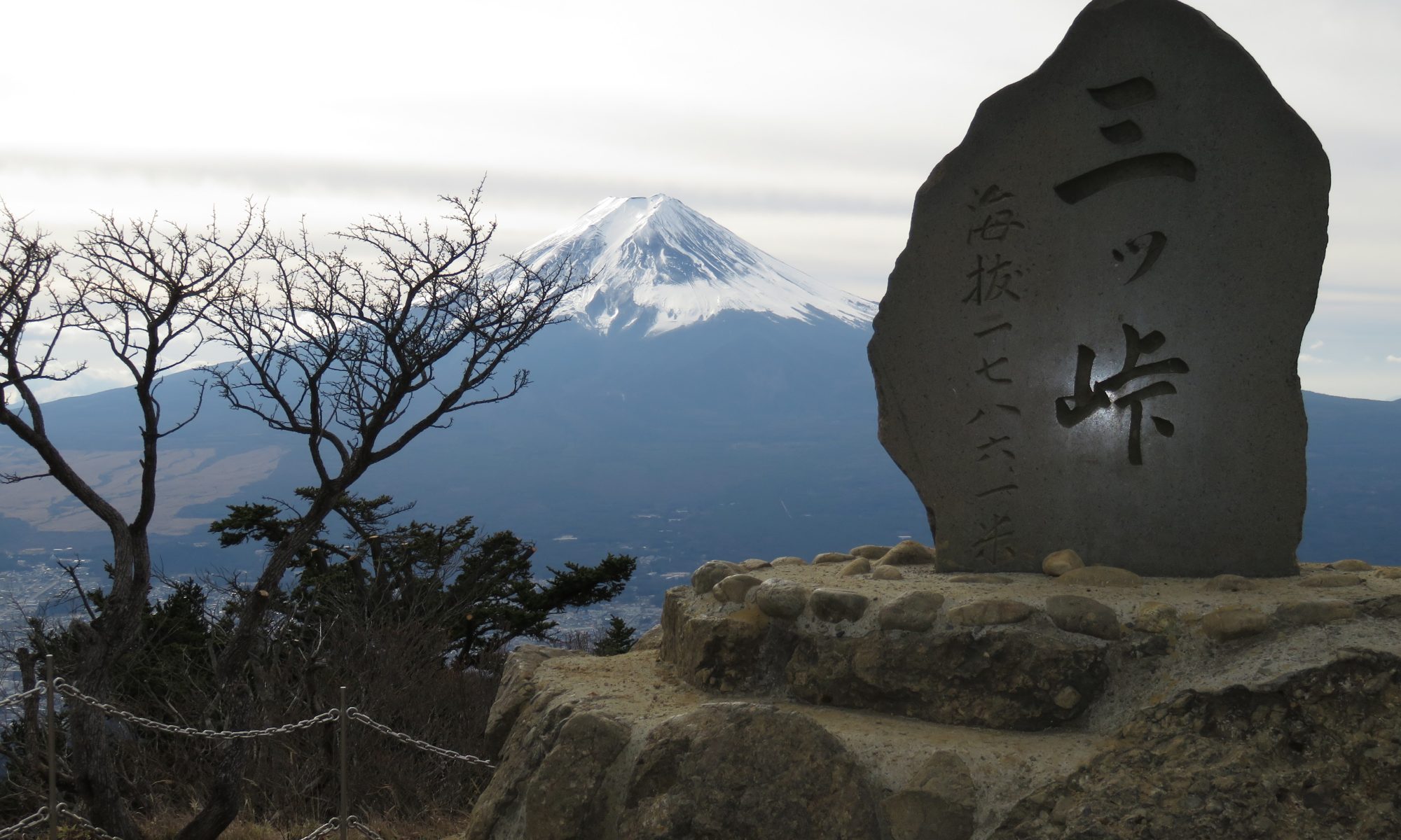 Stone inscribed monument on a rocky viewing platform with leafless trees, Mt. Fuji snow-capped in the distance.