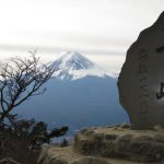 Stone inscribed monument on a rocky viewing platform with leafless trees, Mt. Fuji snow-capped in the distance.