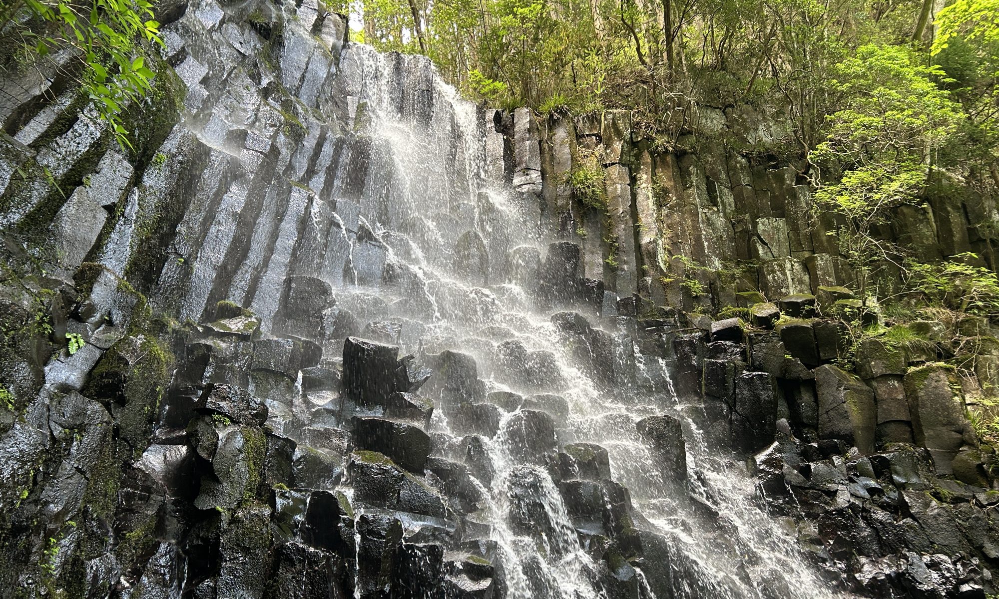 Waterfall cascading down a columnar basalt cliff with lush green vegetation at the top and edges, mist rising from the rocks.