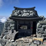 Stone mountain hut atop a rocky peak with a wooden roof, surrounded by piled rocks and signboards at the front. (informative)