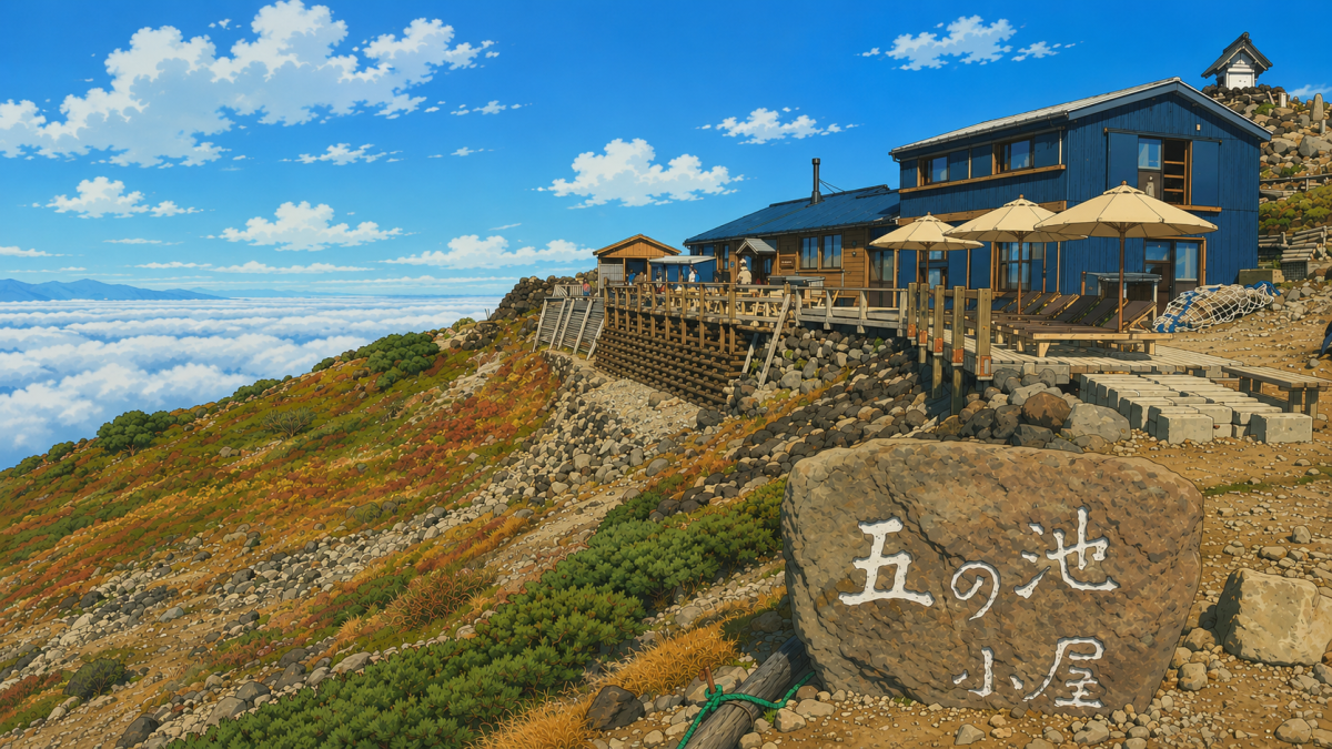 Rock in foreground engraved with Japanese text ‘五の池小屋’; blue mountain cafe building with deck and umbrellas on a rocky hillside above clouds