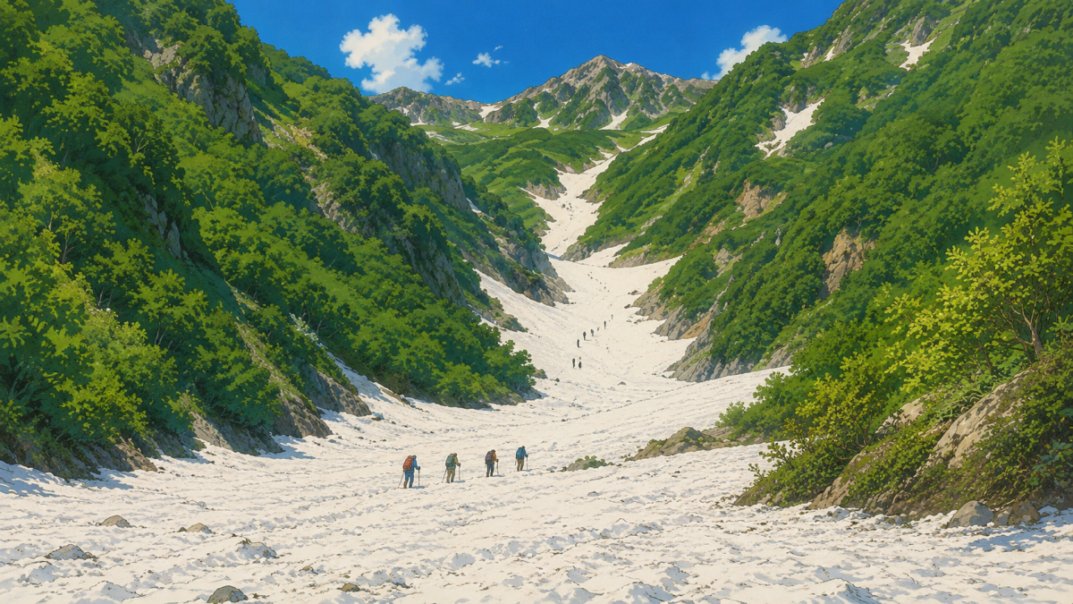 Group of hikers ascending a snow-filled mountain valley flanked by green forested slopes under a bright blue sky.