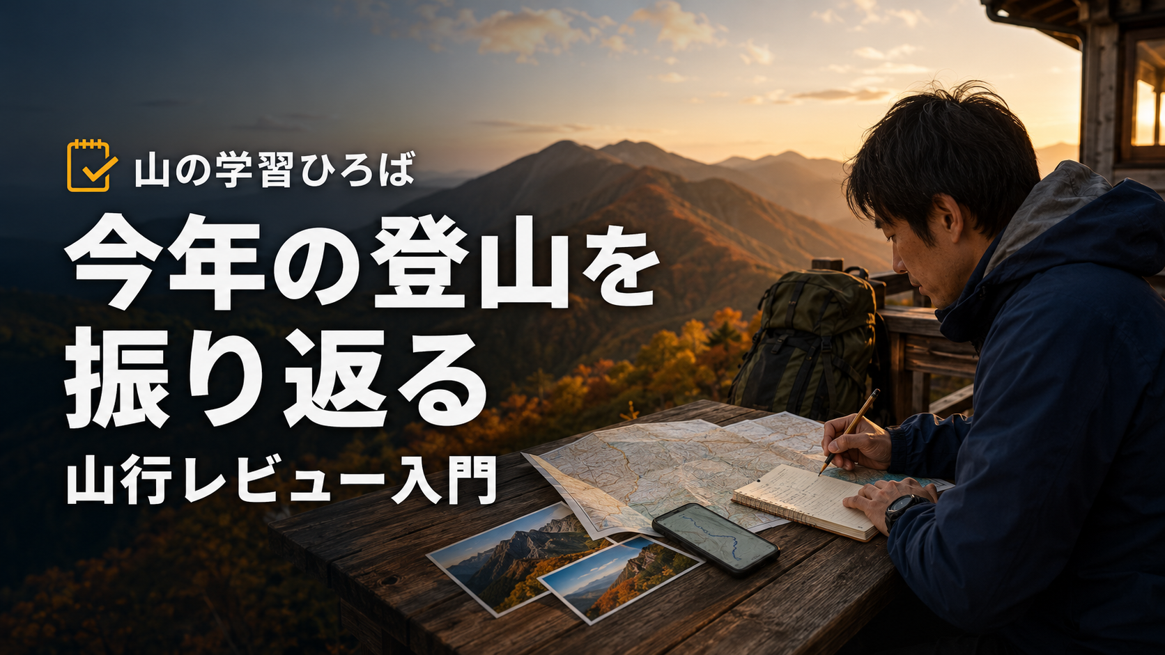 山岳を背景に地図に記録をつける登山者。木のテーブルに写真とスマホ、背後は夕暮れの山々。背中にリュック。