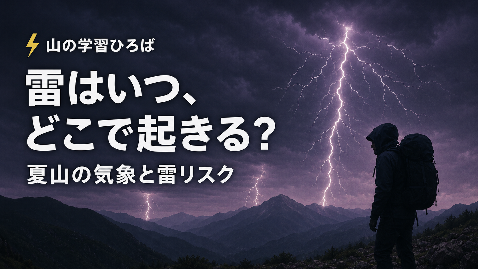 雷が走る山岳風景の前景に二人の登山者のシルエット。日本語の大きな見出し: 山の学習ひろば 雷はいつ、どこで起きる？ 夏山の気象と雷リスク