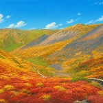 紅葉に彩られた秋田駒ヶ岳ムーミン谷の手描きイラスト