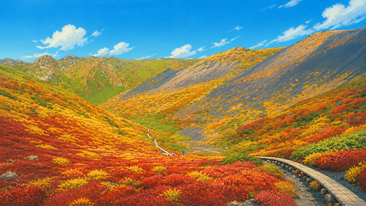 紅葉に彩られた秋田駒ヶ岳ムーミン谷の手描きイラスト