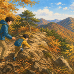 親子で秋の岩がちな登山道を歩く伊豆ヶ岳のイラスト