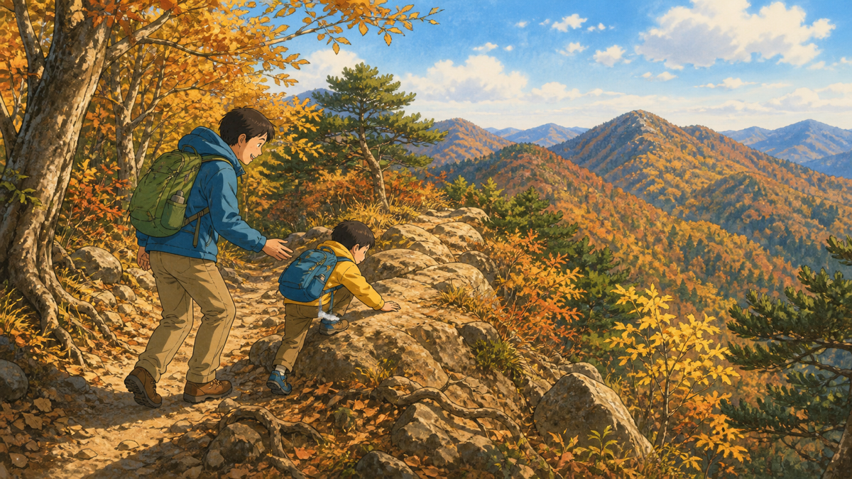 親子で秋の岩がちな登山道を歩く伊豆ヶ岳のイラスト