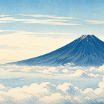 曲岳・黒富士から望む富士山と雲海を描いた、明るい水彩・浮世絵風のイラスト