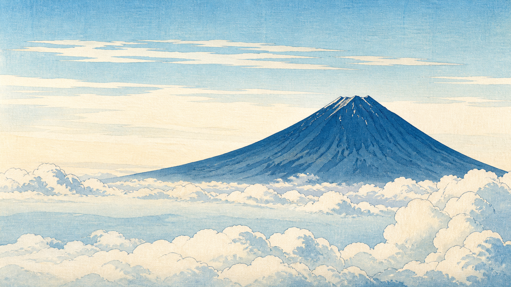 曲岳・黒富士から望む富士山と雲海を描いた、明るい水彩・浮世絵風のイラスト