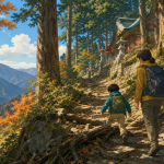 親子で石段と木の根を越えて丹沢大山を登るイラスト