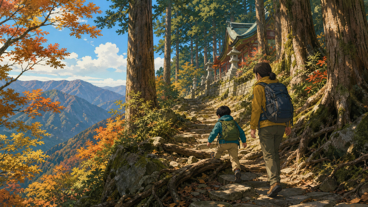 親子で石段と木の根を越えて丹沢大山を登るイラスト