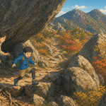 親子で巨岩を巡り筑波山の二つの峰を目指すイラスト