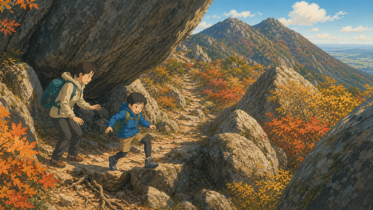 親子で巨岩を巡り筑波山の二つの峰を目指すイラスト