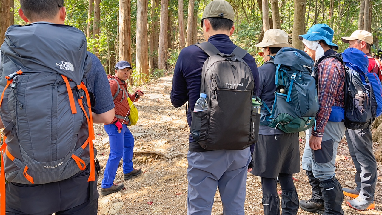森の登山道でガイドの説明を聞く、山の歩き方教室の参加者