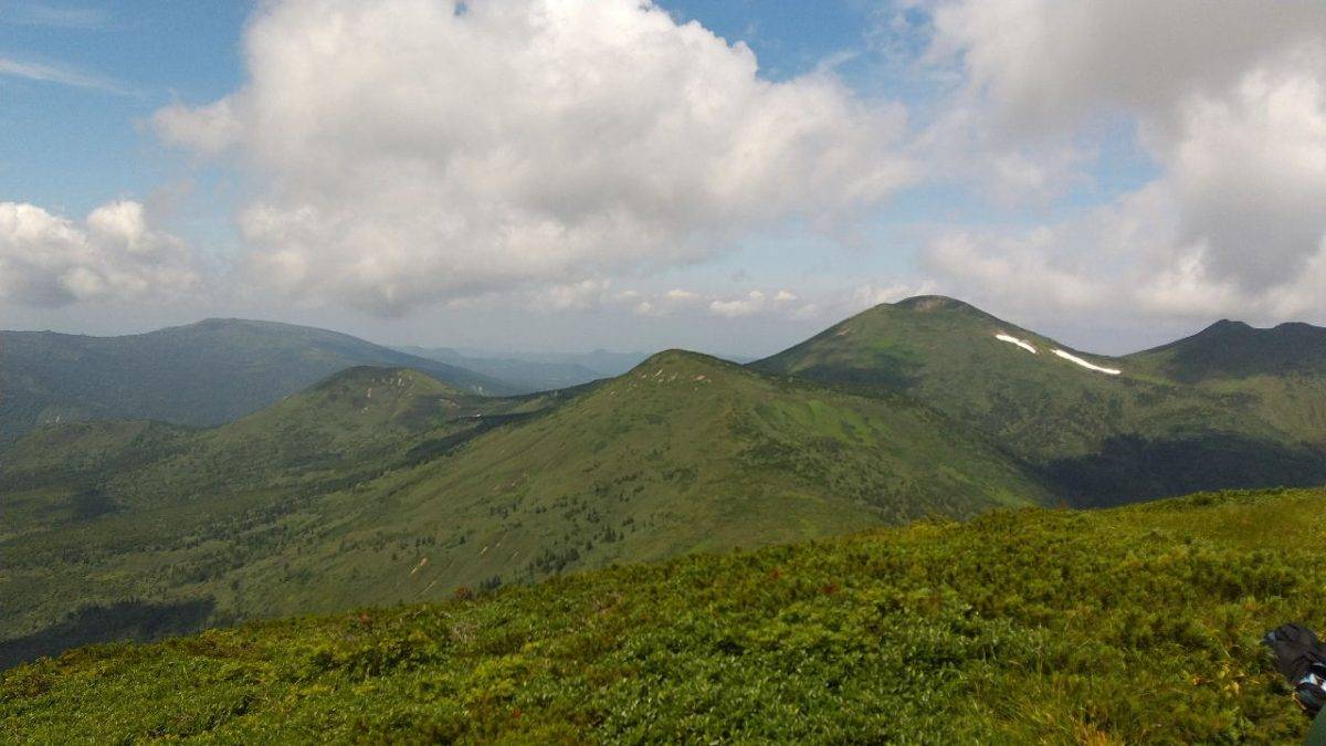 Vast green mountain valley under a blue sky with fluffy clouds; rolling hills stretch to the horizon, foreground shrubbery in view.